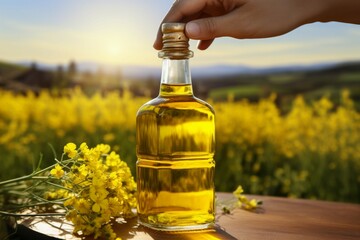 In hand, a bottle of rapeseed oil, the essence of culinary delight - obrazy, fototapety, plakaty