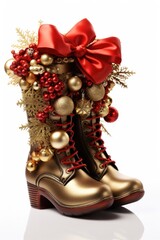 A pair of boots with christmas decorations on them. AI image.