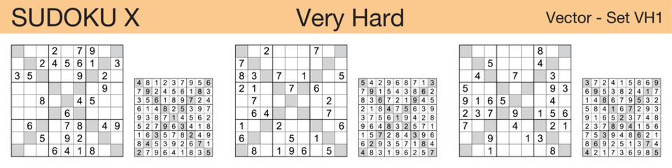 A set of 3 very hard scalable sudoku X puzzles suitable for kids, adults and seniors and ready for web use, or to be compiled into a standard or large print activity book.