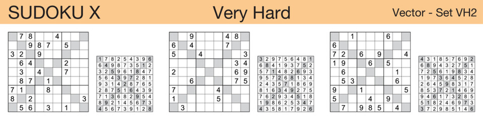 A set of 3 very hard scalable sudoku X puzzles suitable for kids, adults and seniors and ready for web use, or to be compiled into a standard or large print activity book.