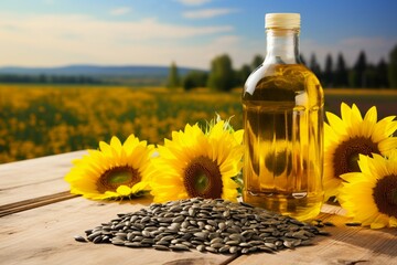 Sunflower oil bottle and seeds on a wooden table against a blooming field - obrazy, fototapety, plakaty