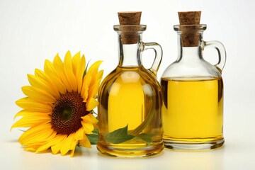 Sunflower oil bottle stands alone on a clean, white background