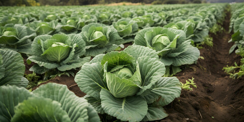 field of green cabbage ready for harvest two generative AI - obrazy, fototapety, plakaty