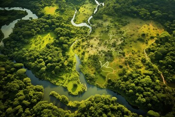 Bird's-eye view of lush green woodland teeming with diverse flora and fauna. Signifies the importance of preserving and restoring natural rainforest ecosystems. Generative AI