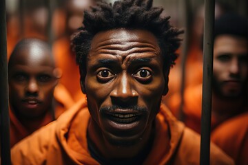 Angry african american prisoner holding prison bars