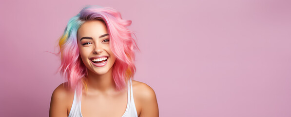 Young beautiful smiling happy woman with rainbow colored wavy hair isolated on flat pink background with copy space, banner template of Creative hair coloring. - obrazy, fototapety, plakaty