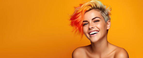 Young beautiful smiling happy woman with rainbow colored wavy hair isolated on flat orange background with copy space, banner template of Creative hair coloring.
