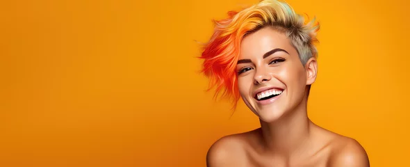 Foto auf Acrylglas Antireflex Young beautiful smiling happy woman with rainbow colored wavy hair isolated on flat orange background with copy space, banner template of Creative hair coloring. © SnowElf
