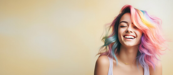 Young beautiful smiling happy woman with rainbow colored wavy hair isolated on flat beige background with copy space, banner template of Creative hair coloring.