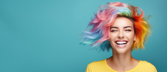 Young beautiful smiling happy woman with rainbow colored wavy hair isolated on flat blue background with copy space, banner template of Creative hair coloring. - obrazy, fototapety, plakaty