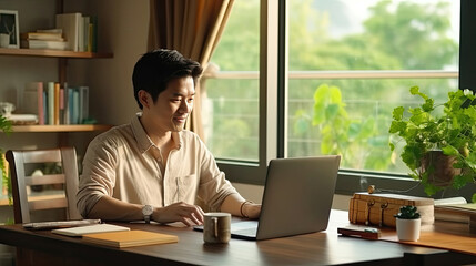 Asian school male teacher working from home teaching online math subject to student studying from home. Man using camera to record his live in internet. Remote education class