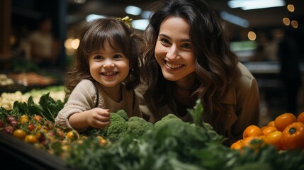 Family in the supermarket. Beautiful young mom and her little daughter smiling and buying food. The concept of healthy eating. Harvest - obrazy, fototapety, plakaty