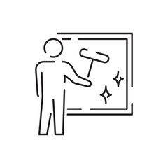 Industrial cleaning line icon and cleaner or worker. Carpet cleaning. Detergent. Best quality cleaning. Special stain remover. Industrial vacuum. Simple and Minimal