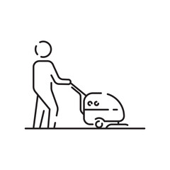 Industrial cleaning line icon and cleaner or worker. Carpet cleaning. Detergent. Best quality cleaning. Special stain remover. Industrial vacuum. Simple and Minimal