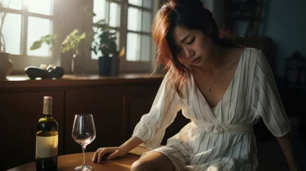 Gordijnen Asian young depression woman drinking wine. Attractive beautiful girl sitting on floor hold a bottle of alcohol feeling heart broken, drunk and hangover alone in living room © Sasint