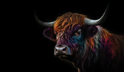 Papier Peint photo Highlander écossais Abstract highland cow head portrait, scottish highland cow from multicolored paints