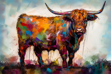 Abstract highland cow head portrait, scottish highland cow from multicolored paints - obrazy, fototapety, plakaty