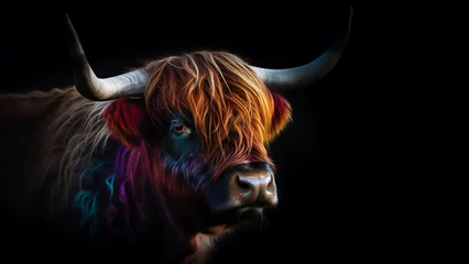 Poster de jardin Highlander écossais Abstract highland cow head portrait, scottish highland cow from multicolored paints