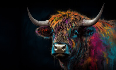 Abstract highland cow head portrait, scottish highland cow from multicolored paints