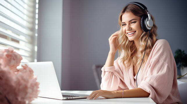 Young woman sits in front of a laptop and a microphone and streaming. A female blogger smiles and hosts a podcast, live broadcast, or influencer online courses. 