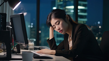 Fototapeta na wymiar Asian young tired staff officer woman using desktop computer having overwork project overnight in office, exhausted unhappy businesswoman feeling sleepy after after working hard overtime at night.