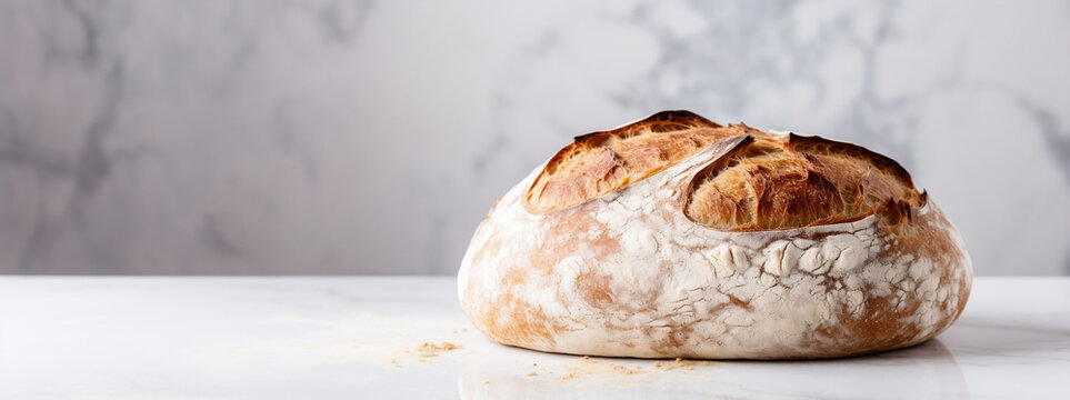 A Freshly Baked Sourdough Bread On A White Countertop On White Background, Banner With Copy Space