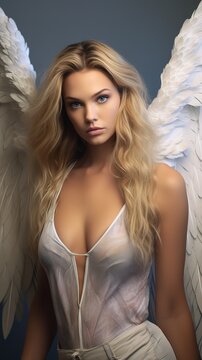 Angel girl on a background with white wings. Angel with wings.