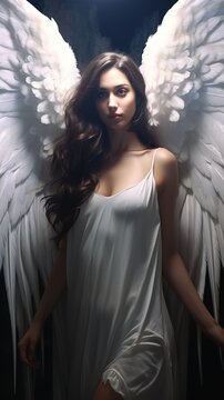 Angel girl on a background with white wings. Angel with wings.