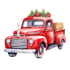 Cute Christmas watercolor red retro car with Christmas tree and gifts