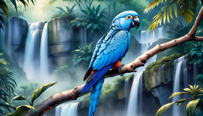 A blue parrot perched on a branch In the forest - obrazy, fototapety, plakaty