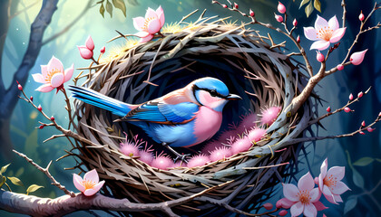 A blue bird is in a nest woven from tree branches. Around the ne