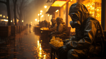 Obraz premium Disinfection service worker in hazmat suit with gas mask and protective glasses.
