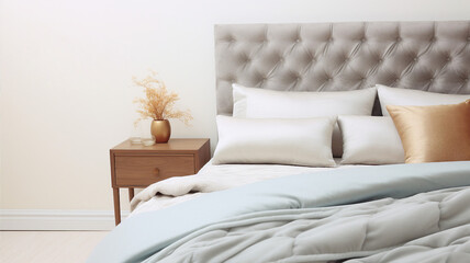 Fototapeta na wymiar Banner showcases a luxurious bedding set: plush pillows, a soft duvet, and a velvet headboard, inviting comfort