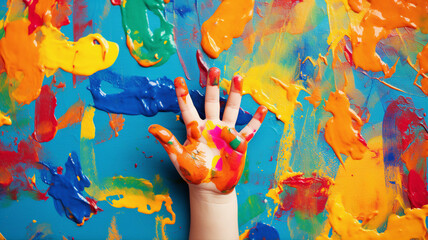 Child dipping fingers in paint, creating a vibrant mural of handprints on canvas