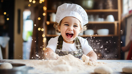 Child in a chef's hat, attempting to make cookies, a mess of flour and joy on the counter