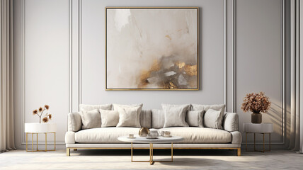 Displaying a chic living room interior with a plush sofa, abstract artwork, and golden decor accents