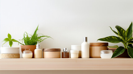 Displaying a set of organic skincare products, neatly organized on a wooden shelf with plants in the background