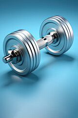 A chrome dumbbell on a blue surface. Exercise equipment.