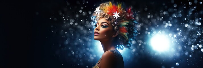 Queer Christmas: Black drag queen with colored flowers in her hair in the snow at christmas or New Year on a bokeh background - obrazy, fototapety, plakaty