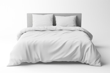 A bed with a white comforter and pillows. AI image. Comforter mockup.