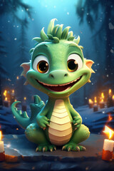 a small, cute green dragon is celebrating Christmas and New Year. symbol of the year 2024. dark background and lights