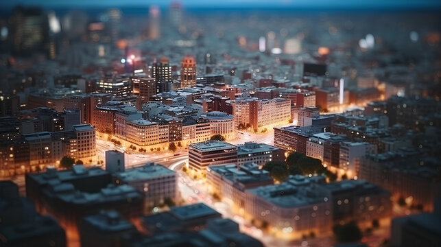 City tilt-shift effect with city streets in night lights. European city skyline miniature tilt shift effect background