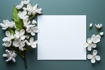 A white sheet of paper surrounded by white flowers. Photorealistic AI. Floral background with copy-space.