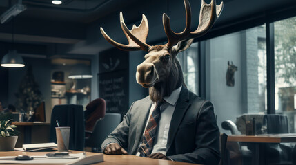 Man with moose head sitting in office, AI Generated
