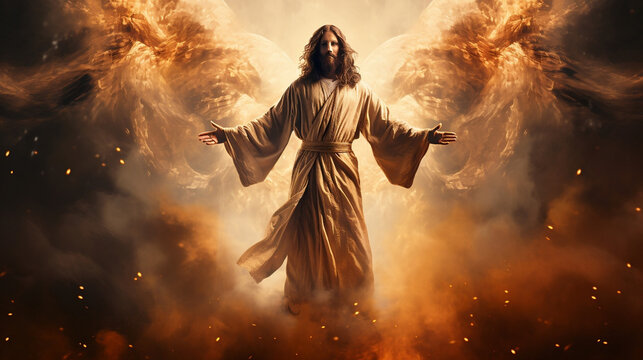 Divine Trinity, Jesus Christ, Son of God, representing the Redeemer, against a biblical background for Pentecost, Easter, and Christmas labeling,