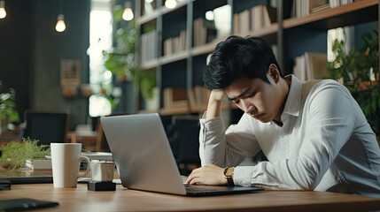 Frustrated Asian young businessman worker working on table in office. Busy employee worker people feel tired and headache from late work and overwork job document on computer desk at company workplace