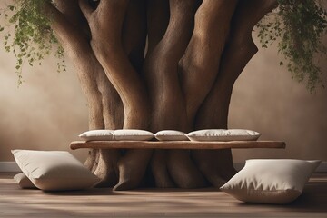 Rustic aged wood tree trunk bench with pillows near stucco wall with dried twig decor Boho interior