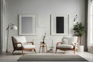 Two armchairs in room with white wall and big frame poster on it Scandinavian style interior design