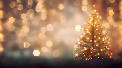 A stunning and defocused Christmas background featuring the soft, blurred glow of Christmas tree lights in the evening