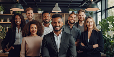 Millennial diverse business colleagues headed with black boss, posing to camera in office, panorama - obrazy, fototapety, plakaty